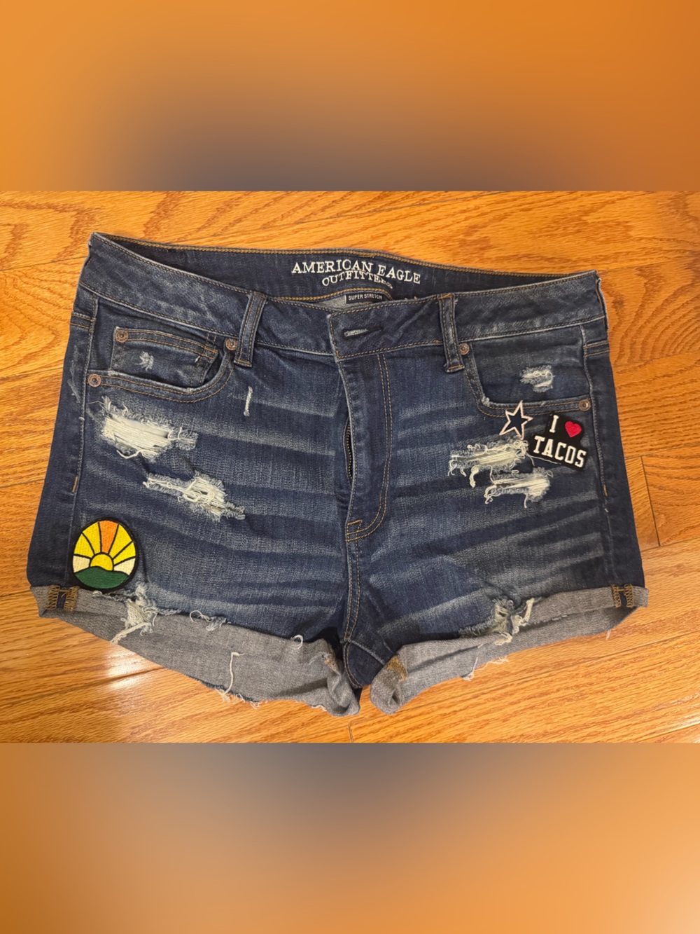 American Eagle Dark Blue Distressed Jean Shorts- High Rise- with Patches